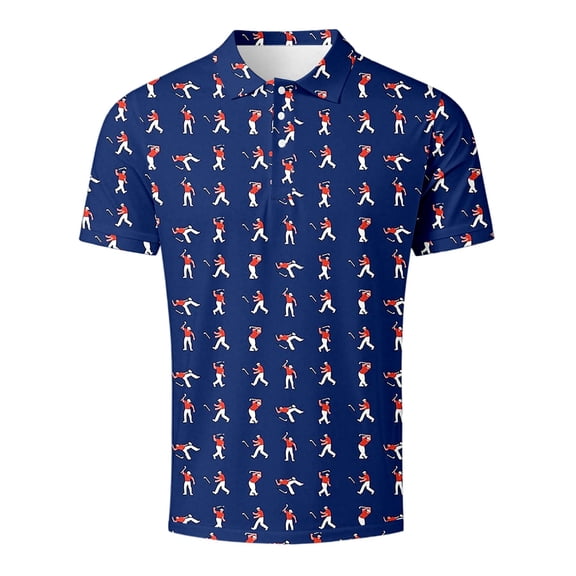 Unir Men Breathable Mesh Polo Top, Allover Golf Swing Figure Print Short Sleeve Collared Shirt, Navy Lightweight Athletic Casual Tee, Resistant Sport Apparel, S-XXL