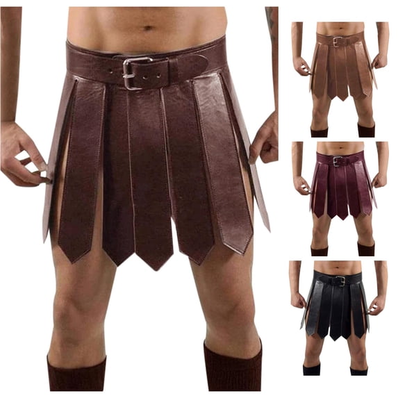 Unir Men’s Casual Medieval Gladiator PU Leather Skirt With Wrist Cuffs Adjustable Waistband For Halloween, Renaissance‑Party And Themed‑Cosplay One‑Size‑Fits‑Most