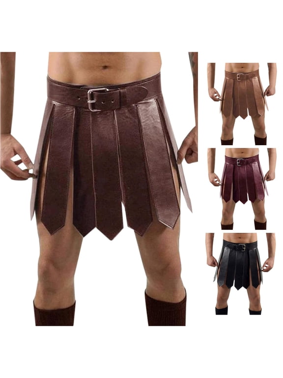 Men’s Casual Medieval Gladiator PU Leather Skirt With Wrist Cuffs Adjustable Waistband For Halloween, Renaissance‑Party And Themed‑Cosplay One‑Size‑Fits‑Most