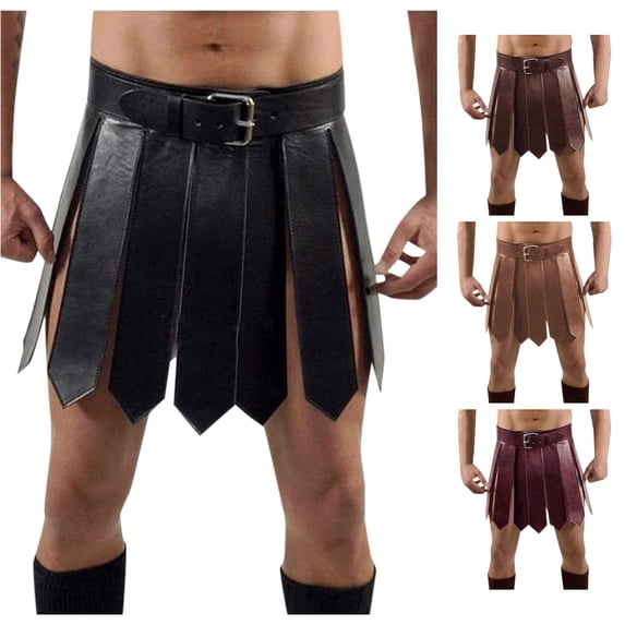 Unir Men’s Casual Medieval Gladiator PU Leather Skirt With Wrist Cuffs Adjustable Waistband For Halloween, Renaissance‑Party And Themed‑Cosplay One‑Size‑Fits‑Most