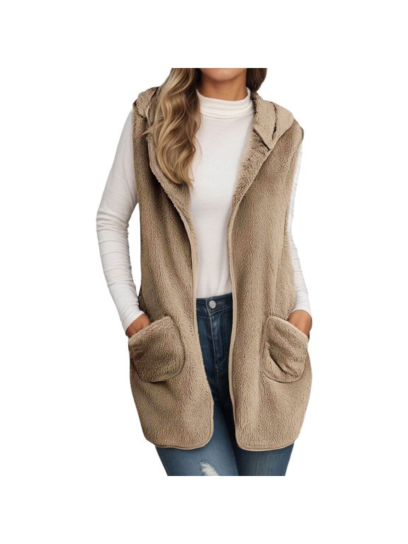 Outerwear Top For Women, Hooded Double Faced Polyester Sleeveless Open Front Mid Length Jacket with Patch Pockets,1 Pack,XL-XXXXXL,Plus Size Friendly