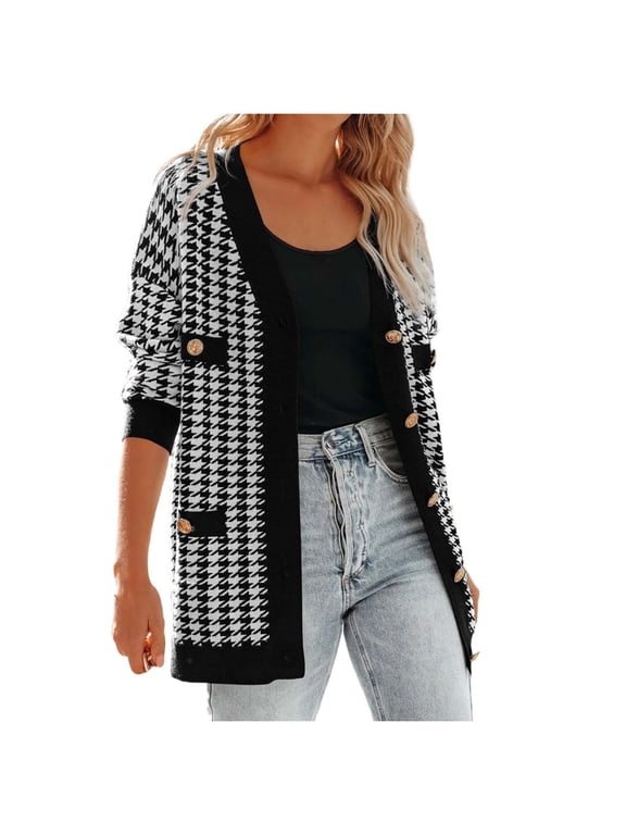 Oversized Cardigan Sweaters For Women Houndstooth Knit Sweater Jacket Open Front With Pockets Decor Buttons 1‑Pack S‑XXL Plus Size Friendly