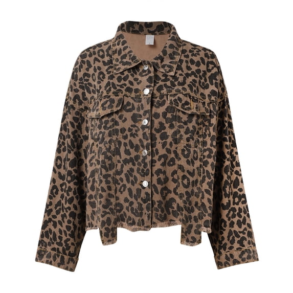Unir Oversized Leopard Print Cropped Denim Coat Women Retro Soft Cotton Poly Loose Button Front Layering Jacket 1PC S-XL Plus Size Friendly