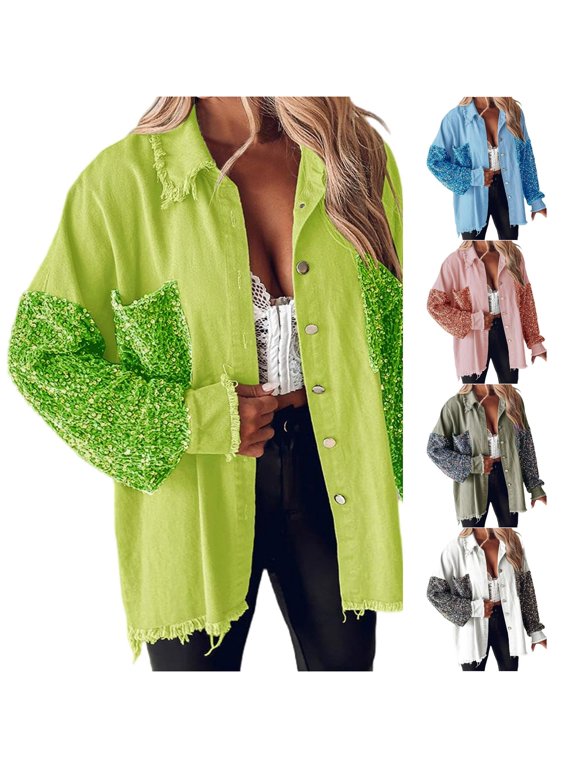 Oversized Sequin Sleeve Denim Jacket for Women, Frayed Edge Button Down, Casual Everyday Long Sleeve Outerwear, 1 Piece, S-XXL, Plus Size Friendly