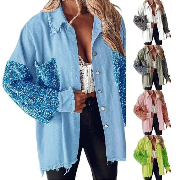 Unir Oversized Sequin Sleeve Denim Jacket for Women, Frayed Edge Button Down, Casual Everyday Long Sleeve Outerwear, 1 Piece, S-XXL, Plus Size Friendly