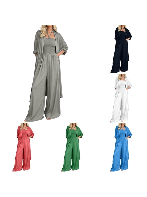 Pant Suits For Women Dressy, Travel‑Friendly Polyester Two‑Piece Ensemble, Halter Smocked Wide‑Leg Jumpsuit Plus Open‑Front Long Cardigan, S‑XXXXXL Plus Size Friendly