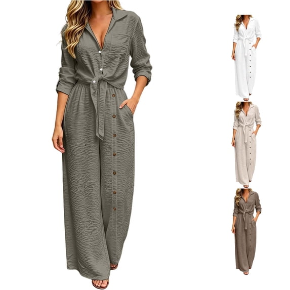 Unir Pant Suits For Women Dressy, Wrinkle‑Resistant Textured Polyester Two‑Piece Coordinate Set, Button‑Front Long Sleeve Top Plus Wide Leg Tie‑Waist Trousers,S‑XXXL Plus Size Friendly