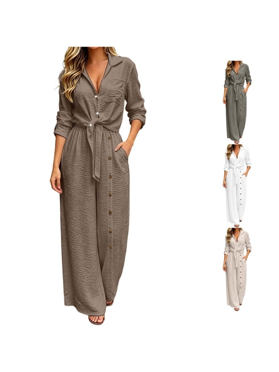 Pant Suits For Women Dressy, Wrinkle‑Resistant Textured Polyester Two‑Piece Coordinate Set, Button‑Front Long Sleeve Top Plus Wide Leg Tie‑Waist Trousers,S‑XXXL Plus Size Friendly