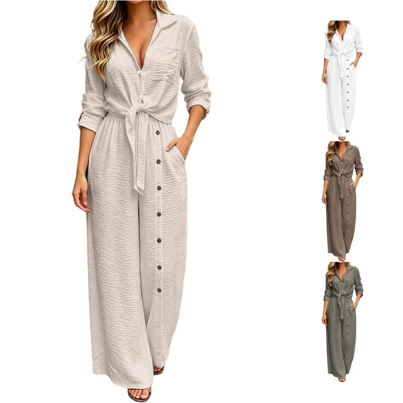 Unir Pant Suits For Women Dressy, Wrinkle‑Resistant Textured Polyester Two‑Piece Coordinate Set, Button‑Front Long Sleeve Top Plus Wide Leg Tie‑Waist Trousers,S‑XXXL Plus Size Friendly