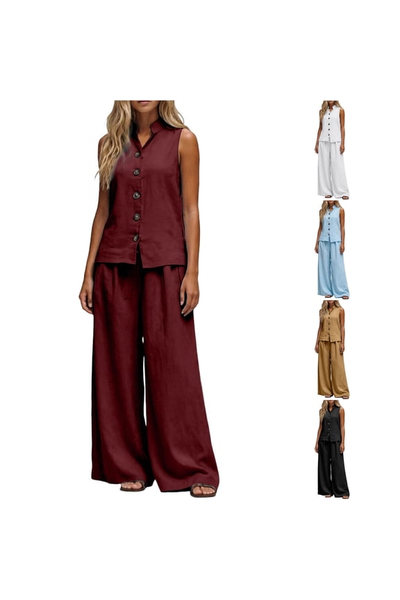 Pant Suits For Women, Durable Polyester Blend Sleeveless Mandarin Collar Button‑Down Two‑Piece Co‑Ord Outfit, S‑XXL, Plus Size Friendly, 1 Vest+1 Wide Leg Pant