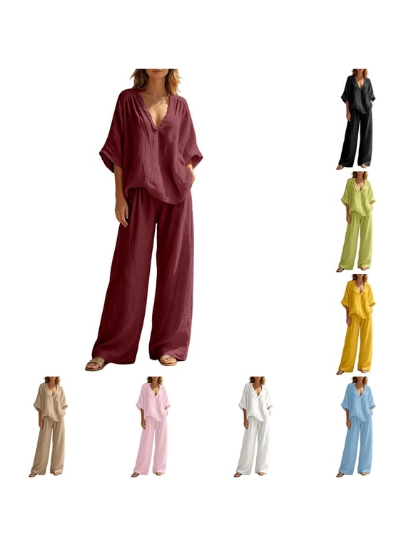 Pant Suits For Women Summer Linen‑Look Two‑Piece Set, V‑Neck Batwing Short Sleeve Shirt And Loose Wide‑Leg Trousers,S‑XXL,Practical Casual Mother Of The Bride Pant Suits