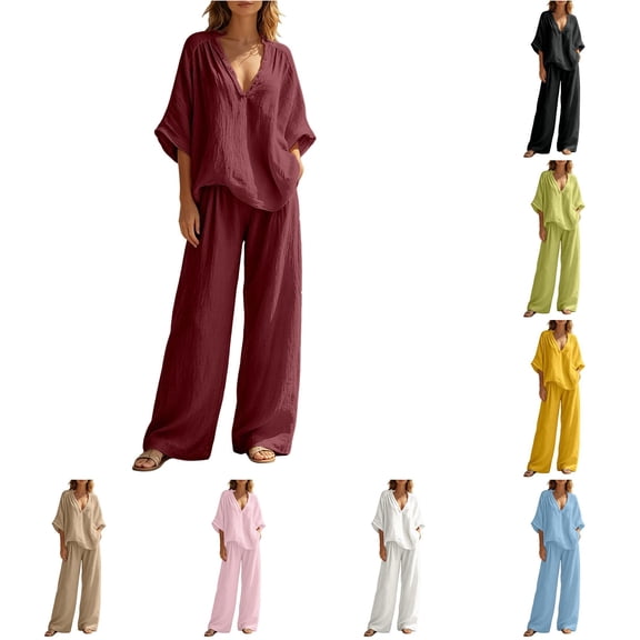 Unir Pant Suits For Women Summer Linen‑Look Two‑Piece Set, V‑Neck Batwing Short Sleeve Shirt And Loose Wide‑Leg Trousers,S‑XXL,Practical Casual Mother Of The Bride Pant Suits