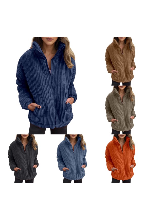 Plush Corded Zip Up Jacket for Women, Stand Collar Long Sleeve with Pockets, Casual Everyday Fall Winter Outerwear, 1 Piece, S-5XL, Plus Size Friendly