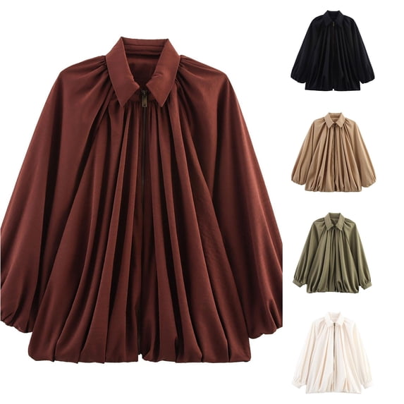 Unir Puff Sleeve Zip Up Casual Jacket for Women, Collared Relaxed Gathered Fit, Comfortable Everyday Lightweight Spring Fall Outerwear, 1 Piece, S-L