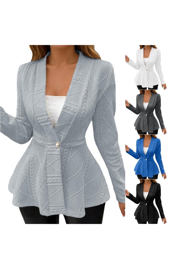 Relaxed Cable Jacquard V Neck Single Button Peplum Long Sleeve Knit Jacket Light Spring Fall Casual Layering Outer Coat 1PC S-XXL Plus Size Friendly
