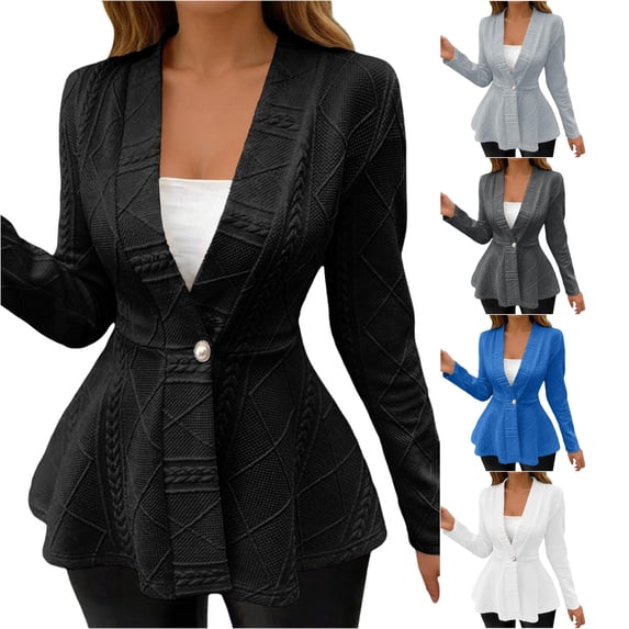 Unir Relaxed Cable Jacquard V Neck Single Button Peplum Long Sleeve Knit Jacket Light Spring Fall Casual Layering Outer Coat 1PC S-XXL Plus Size Friendly