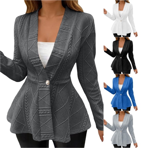 Unir Relaxed Cable Jacquard V Neck Single Button Peplum Long Sleeve Knit Jacket Light Spring Fall Casual Layering Outer Coat 1PC S-XXL Plus Size Friendly