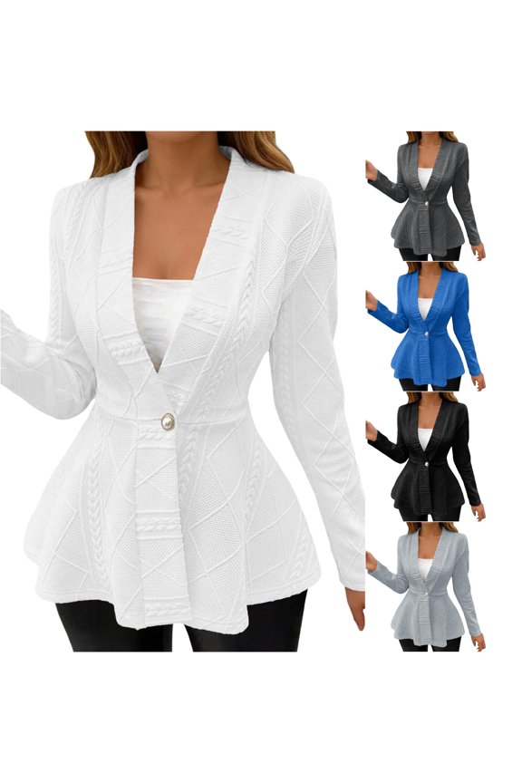 Relaxed Cable Jacquard V Neck Single Button Peplum Long Sleeve Knit Jacket Light Spring Fall Casual Layering Outer Coat 1PC S-XXL Plus Size Friendly