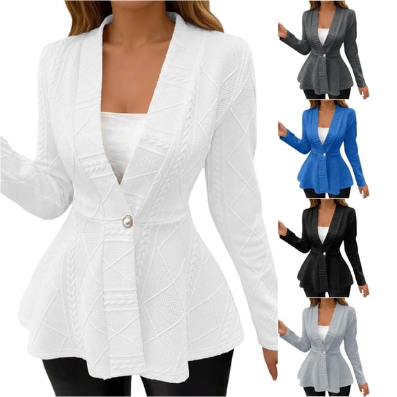 Unir Relaxed Cable Jacquard V Neck Single Button Peplum Long Sleeve Knit Jacket Light Spring Fall Casual Layering Outer Coat 1PC S-XXL Plus Size Friendly