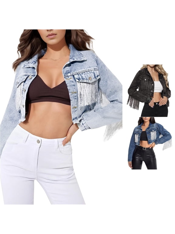 Relaxed Fit Fringe Back Crop Denim Coat Women Soft Cotton Blend Long Sleeve Button Up Western Statement Layering Jacket 1PC XS-L