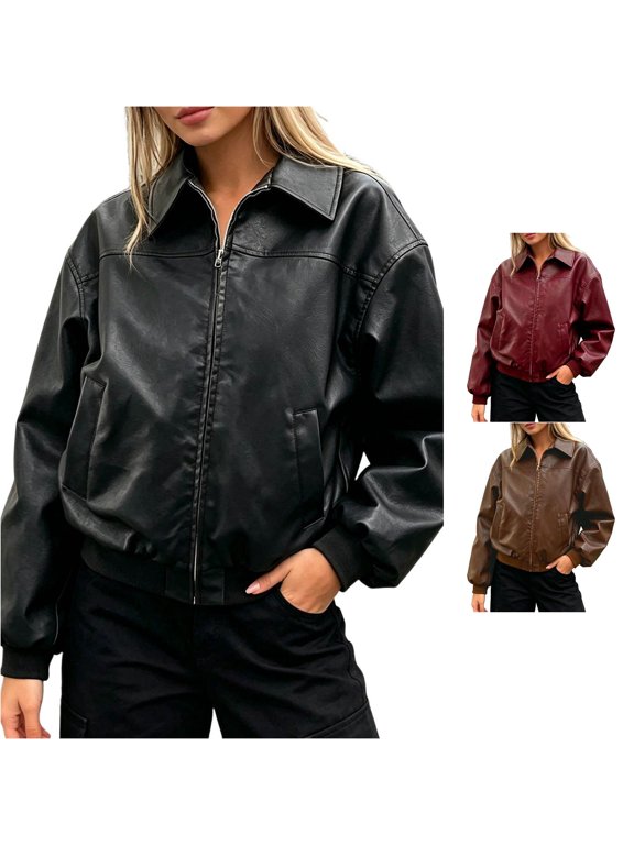 Retro PU Leather Bomber Jacket for Women, Collared Zip Front, Casual Wind-Resistant Outerwear with Pockets, 1 Piece, S-XXL, Plus Size Friendly