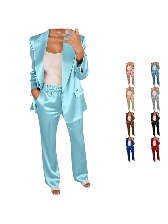 Satin Two Piece Pant Suits For Women, Notch Lapel Button‑Front Blazer With Elastic Waist Long Pants, Dressy Business Mother Of The Bride Pant Suits, S‑XXXL , 1 Blazer 1 Pant Outfit