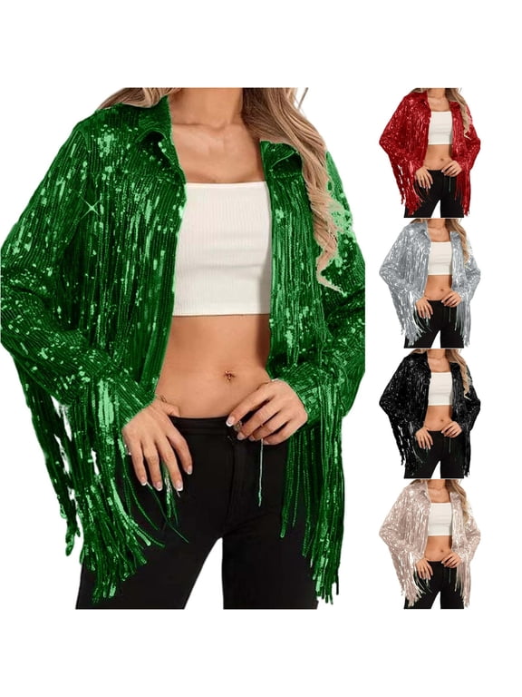 Sequin Fringe Casual Open Jacket for Women, Long Sleeve Collared, Relaxed Fit Sparkly Everyday Party Outerwear, 1 Piece, S-3XL, Plus Size Friendly