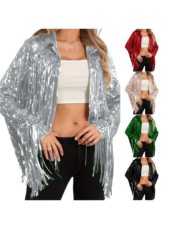 Sequin Fringe Casual Open Jacket for Women, Long Sleeve Collared, Relaxed Fit Sparkly Everyday Party Outerwear, 1 Piece, S-3XL, Plus Size Friendly