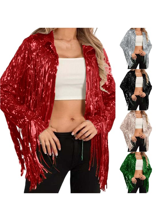 Sequin Fringe Casual Open Jacket for Women, Long Sleeve Collared, Relaxed Fit Sparkly Everyday Party Outerwear, 1 Piece, S-3XL, Plus Size Friendly