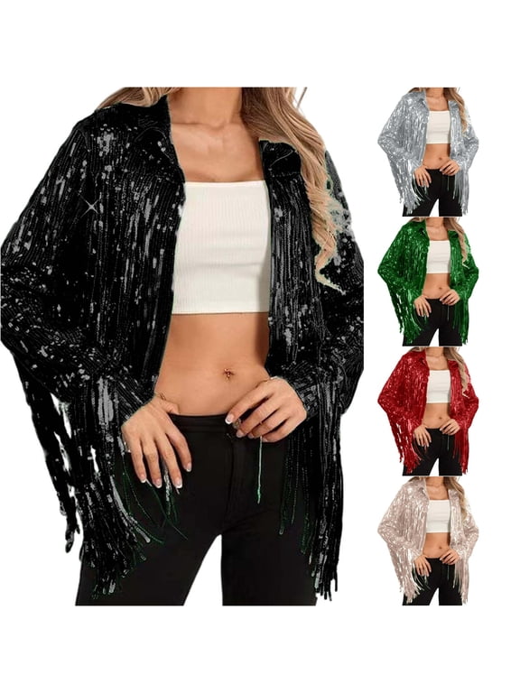 Sequin Fringe Casual Open Jacket for Women, Long Sleeve Collared, Relaxed Fit Sparkly Everyday Party Outerwear, 1 Piece, S-3XL, Plus Size Friendly