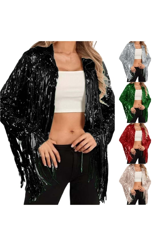 Sequin Fringe Casual Open Jacket for Women, Long Sleeve Collared, Relaxed Fit Sparkly Everyday Party Outerwear, 1 Piece, S-3XL, Plus Size Friendly