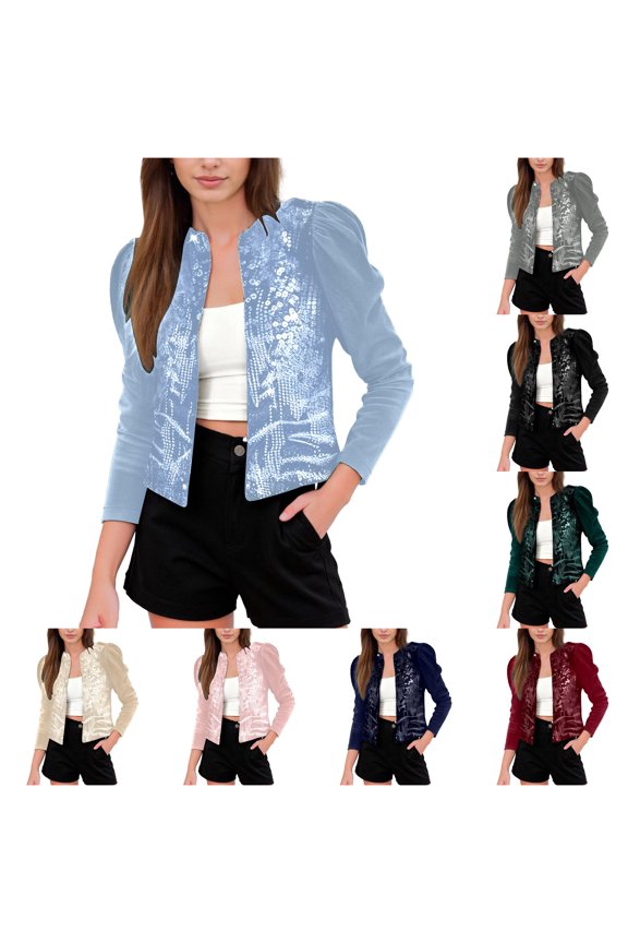 Sequin Patchwork Velvet Casual Jacket for Women, Puff Sleeve Button Up, Cropped Everyday Party Outerwear, 1 Piece, S-XXL, Plus Size Friendly