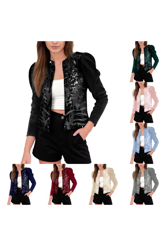 Sequin Patchwork Velvet Casual Jacket for Women, Puff Sleeve Button Up, Cropped Everyday Party Outerwear, 1 Piece, S-XXL, Plus Size Friendly