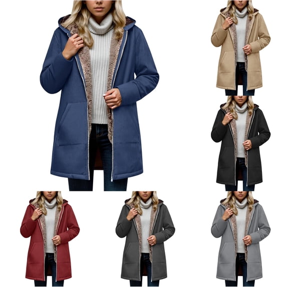 Unir Sherpa Lined Hooded Windbreaker Jacket for Women, Full Zip Long Sleeve, Casual Mid Length Fall Winter Outerwear, 1 Piece, S-XXL, Plus Size Friendly