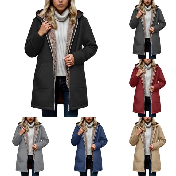 Unir Sherpa Lined Hooded Windbreaker Jacket for Women, Full Zip Long Sleeve, Casual Mid Length Fall Winter Outerwear, 1 Piece, S-XXL, Plus Size Friendly