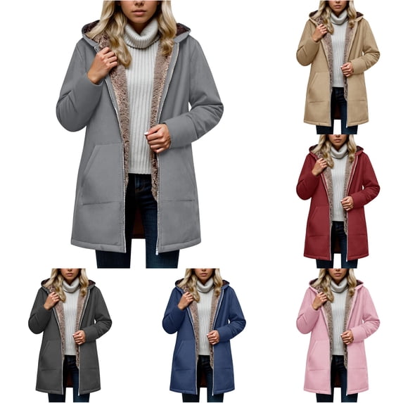 Unir Sherpa Lined Hooded Windbreaker Jacket for Women, Full Zip Long Sleeve, Casual Mid Length Fall Winter Outerwear, 1 Piece, S-XXL, Plus Size Friendly