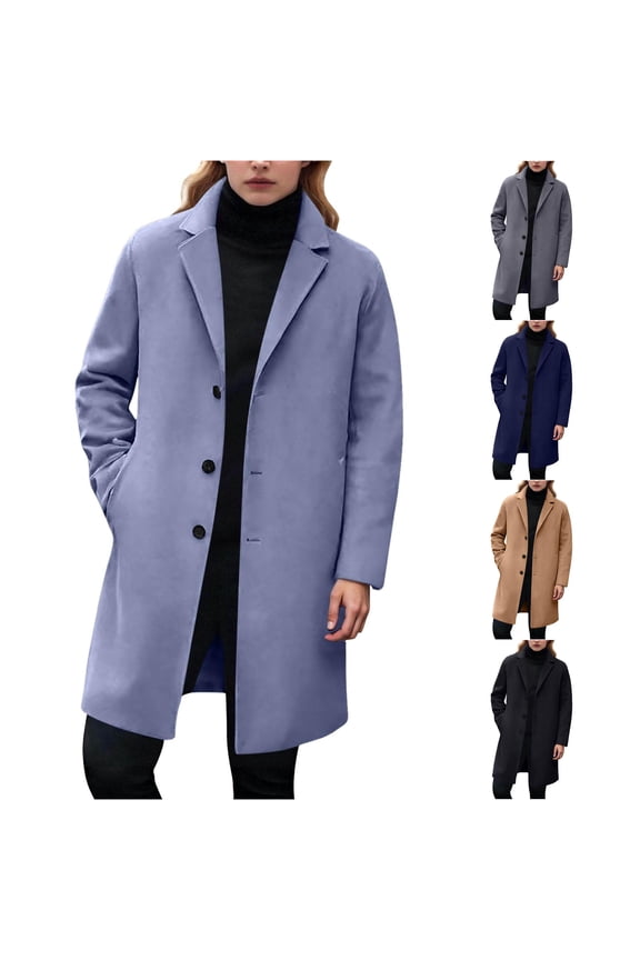 Single Breasted Long Wool Pea Coat for Unisex, Lapel Collar Long Sleeve with Pockets, Casual Everyday Winter Outerwear, 1 Piece, M-5XL, Plus Size Friendly