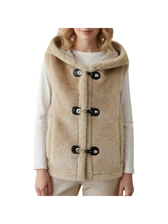 Unir Sleeveless Fleece Outer Top For Women, Hooded Toggle Closure Polyester Sleeveless Jacket,1 Pack,XS-L,Plus Size Friendly