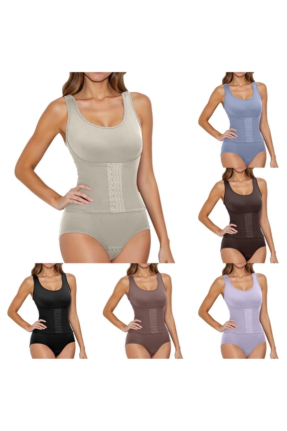 Sleeveless U-Neck Front Hook Tummy Control Bodysuit, Midriff Adjustable Waist Cincher, Stretch Nylon Full Body Butt Lifting Shaper, 1 Piece, M-L-XL-XXL-3XL Plus Size Friendly