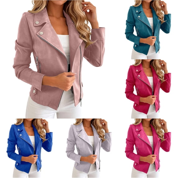 Unir Slim Fit Suede Biker Jacket for Women, Zip Up Button Detail, Casual Everyday Fall Winter Outerwear, 1 Piece, S-XXL, Plus Size Friendly