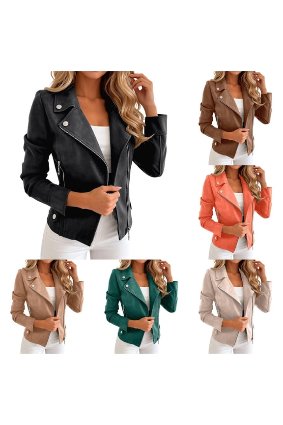 Slim Fit Suede Biker Jacket for Women, Zip Up Button Detail, Casual Everyday Fall Winter Outerwear, 1 Piece, S-XXL, Plus Size Friendly
