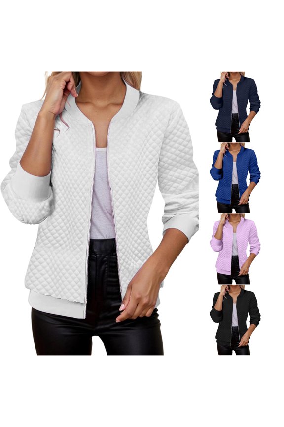 Slim Stand Collar Zip Front Diamond Quilt Bomber Jacket, Long Sleeve Windproof Fall Winter Light Outer Coat, Low-Maintenance Everyday Warm Layering Garment, 1 Piece Outfit, S-XXL Sizing