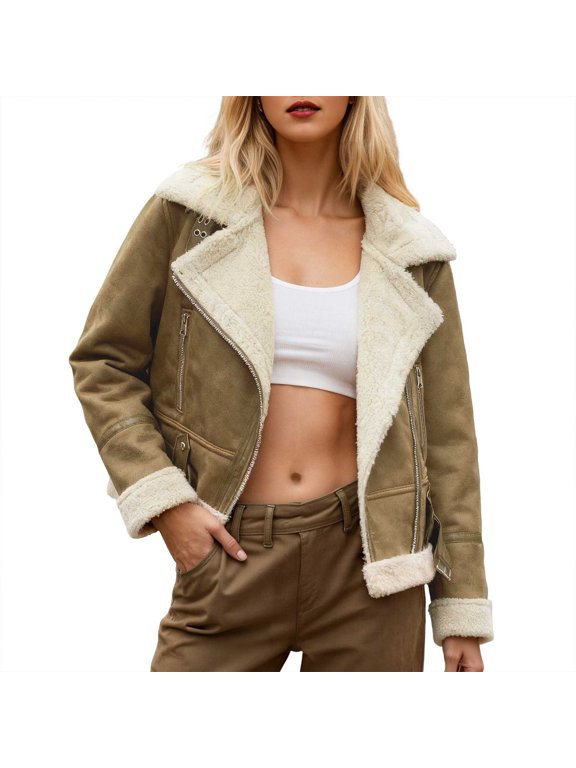 Slim Wide Lapel Asymmetrical Zip Shearling Lined Cropped Moto Jacket, Long Sleeve Windproof Heavy Winter Outer Coat, Cozy Everyday Warm Layering Garment, 1 Piece Outfit, XS-XL Sizing