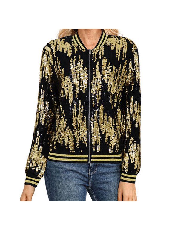 Sparkly Gold Sequin Festival Jacket for Women, Baseball Collar Short, Casual Party Glitter Outerwear, 1 Piece, S-XXL, Plus Size Friendly
