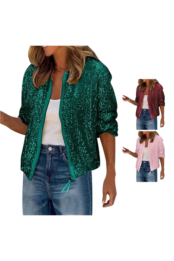 Sparkly Zip Up Bomber Jacket for Women, Stand Collar Long Sleeve, Casual Everyday Sequin Outerwear, 1 Piece, S-XXL, Plus Size Friendly