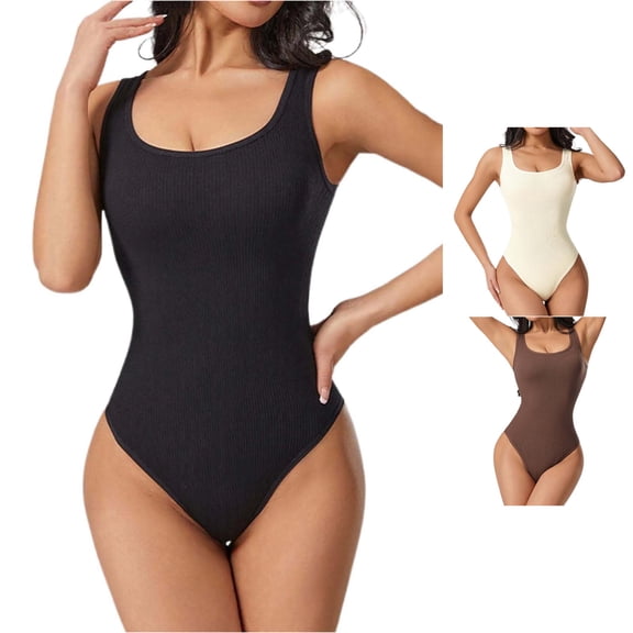 Unir Square Neck Sleeveless Ribbed Knit Tummy Control Bodysuit, High Cut Thong Lifting Nylon Spandex Everyday Shaper, 1 Piece, S-M-L-XL-XXL Plus Size Friendly