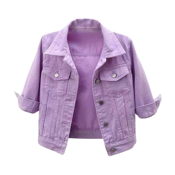 Unir Stretch Solid Tone Rolled Three Quarter Sleeve Cropped Denim Coat Women Lightweight Loose Button Front Layering Jacket 1PC S-XXL Plus Size Friendly