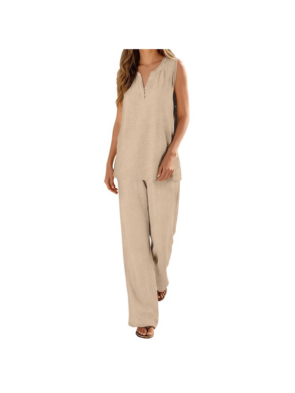 Summer Casual Loungewear 2 Piece Set For Women, Sleeveless Henley Top & Elastic Waist Loose Wide Leg Trousers Lightweight Breathable Daily Home Outfit Khaki S M L XL XXL True To Size