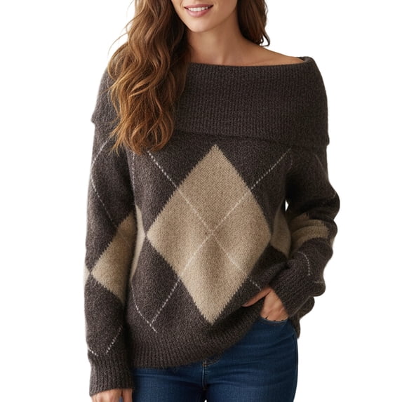 Unir Sweaters For Women, Womens Sweaters, Argyle Sweater Women, Off Shoulder Chunky Knit Pullover Sweater Tops S‑L, Coffee Womens Fall Pullover Sweater