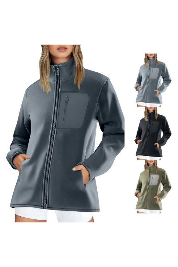 Thermal Neck Zip Front Jacket for Unisex, Long Sleeve with Pockets, Relaxed Fit Warm Everyday Outerwear, 1 Piece, L-5XL, Plus Size Friendly
